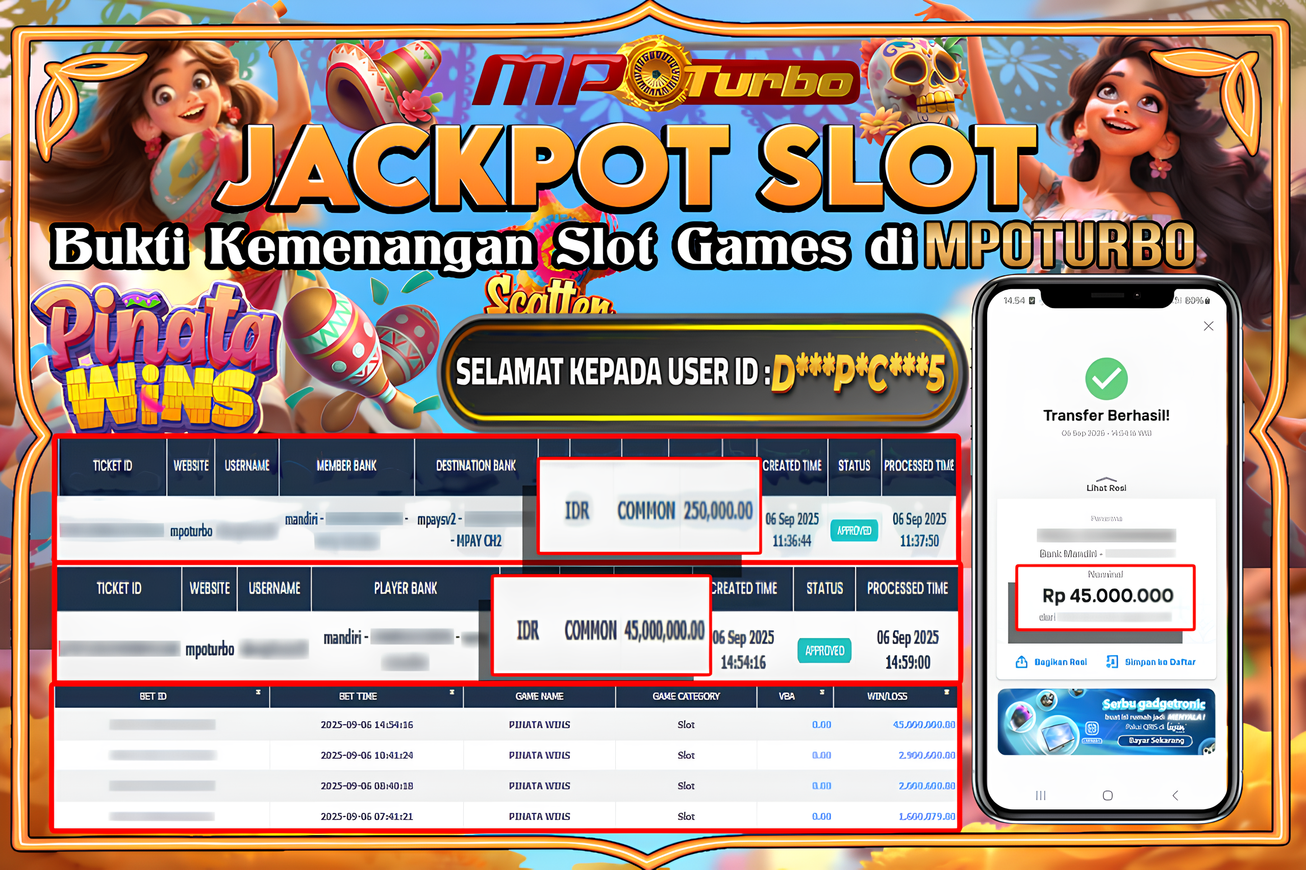 MPOTURBO PINATA WINS  - PG - SOFT Rp 45,000,000.00,- LUNAS